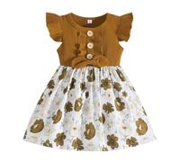 HEOXIN Bebé Niña Vestido, Flying Manga Botón de Decoración de Cuello Redondo Floral con Volantes Vestido Marrón para Las Niñas, Costilla Vestido de Punto para Baby Girl de 3-4 Años