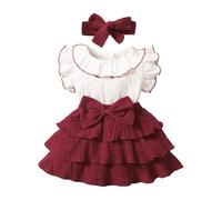 HEOXIN Bebé Niña Vestido, Flying Manga Grande Bowknot Decoración Color Blocking Vestido con Volantes con Bowknot Diadema para Bebé Niñas Conjunto, Vestido Rojo para Baby Girl de 6-9 Meses