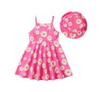 HEOXIN Bebé Niña Vestido Infantil, Recién Nacido Ropa Flor Margarita Imprimir Tirantes Cuello Redondo Sombrero a Juego Conjunto Vestidos Volantes Verano Tiny Girls, Azul/Rosa 6-9 Meses