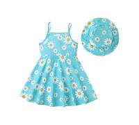 HEOXIN Bebé Niña Vestido Infantil, Recién Nacido Ropa Flor Margarita Imprimir Tirantes Cuello Redondo Sombrero a Juego Conjunto Vestidos Volantes Verano Tiny Girls, Azul 6-9 Meses