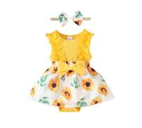 HEOXIN Bebé Niña Vestido, Ropa Bebe Encaje sin Mangas Snap Botón de la Entrepierna, Grande Bowknot Girasol Cuello Redondo Vestido con los Niñas Diadema Conjunto, Amarillo, 9-12 Meses