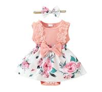 HEOXIN Bebé Niña Vestido, Ropa Bebe Encaje sin Mangas Snap Botón Entrepierna Gran Bowknot Cuello Redondo Vestido con Diadema Niñas Vestido Outfit Set, Rosa Conjunto Bebe Niña 9-12 Meses