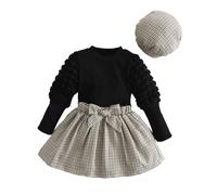 HEOXIN Bebé Niñas a Cuadros Mini Vestido, Falda a Cuadros + Tops + Sombrero de Tartán 3PCS Set, Princesa Vestido con Bowknot Lindo, Manga Abullonad Tops y Sombrero para Niños 4-5, Negro