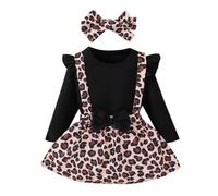 HEOXIN Bebé Niñas Leopardo Imprimir Lazo Vestido, Bodies + Leopardo Imprimir Mono + Diademas 3PCS Set, Tops con Mangas de Volantes y Diademas con Lazo para 2 Años a 3 Años, Negro