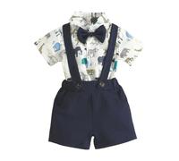 HEOXIN Bebé Niños Traje de Caballero, Bebé Ropa de Caballero Pajarita Snap Botón Entrepierna Recién Nacido, Bebé Traje Botón Estire Suspender Shorts Tiny Baby Clothes, Azul, 0-3 Meses