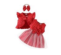 HEOXIN Conjunto de 2 Piezas para Niñas Pequeñas Vestido de Malla y Cárdigan, Vestido sin Mangas con Lazo y Falda Tutú de Princesa y Abrigo con Mangas para 2 Años a 3 Años, Rojo