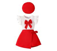 HEOXIN Conjunto de Ropa de Bebé, Bebé Niña Mangas Volantes Gran Bowknot Decoración Ropa, Conjunto de Falda Elástica Roja con Gorro Para Baby Girl, 18-24 Meses