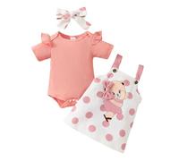 HEOXIN Conjunto de Ropa de Bebé, Kit Bebe Recién Nacido Niña Ruffle Borde Mangas Cortas Snap Botón Entrepierna Body, Oso Rosa Lunares Tirantes Falda Lazo Diadema Conjunto Bebé, 0-3 Meses