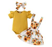 HEOXIN Conjunto de Ropa de Bebé, Kit Bebe Recién Nacido Niña Ruffle Borde Mangas Cortas Snap Botón Entrepierna Body, Girasol Tirantes Falda Lazo Diadema Conjunto Bebé, 3-6 Meses