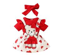 HEOXIN Conjunto de Ropa de Bebé, Kit Bebe Recién Nacido Niña Ruffle Borde Mangas Cortas Snap Botón Entrepierna Body, Rojo Amor Oso Tirantes Falda Lazo Diadema Conjunto Bebé, 3-6 Meses