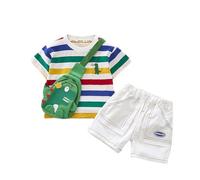 HEOXIN Conjunto de Ropa para Recién Nacidos, Camiseta con Estampado de Rayas + Pantalones Cortos + Bolso con Dinosaurios, Camiseta de Manga Corta con Dinosaurios y Pantalones para 2 a 3 Años, Verde