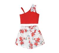 HEOXIN Conjunto Ropa Niña, Top Acanalado + Pantalones Cortos con Cintura Elástica con Estampado Flores y Lazos, Conjunto de Dos Piezas Sin Mangas para Niña, Rojo 4 Años