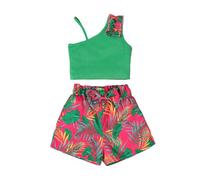 HEOXIN Conjunto Ropa Niña, Top Acanalado + Pantalones Cortos con Cintura Elástica con Estampado Tropical de Plantas, Conjunto de Dos Piezas Sin Mangas para Niña, Verde, 5 Años