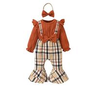HEOXIN Conjunto Ropa para Bebés Niña, Recién Nacido Conjuntos de manga larga con volantes y lazo, Body con Cuadros Escoceses con Dobladillo Acampanado y Diadema, Ropa para Bebé 18-24 Meses, Marrón