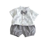 HEOXIN Conjunto Ropa para Bebés Recién Nacidos, Camisa de Manga Corta con Estampado de Animales y Pajarita + Pantalones Cortos con Cintura Elástica, Conjuntos Niños para Verano Otoño, Gris, 3-6 Meses
