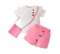 HEOXIN Conjuntos de ropa bebé para niñas, Ruffle Edge manga corta con botones, decoración falda pantalón estirable, trajes a juego, bolsa cruzada, verano, conjunto niña, Rosa 6-9 Meses