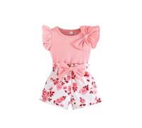 HEOXIN Conjuntos ropa de bebé niñas, borde con volantes, manga corta, cuello redondo, nudo lazo, estampado floral decorativo, pantalones cortos, verano conjunto de ropa niña, Rosa 6-9 Meses