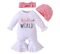 HEOXIN Conjuntos Ropa para Bebés Niña, Ropa Bebé con Hello World, Ruffle Manga Larga Body Bebe Recién Nacido Sombrero y Cinta para la Cabeza, Disfraz Bebe para 0 Mes, Blanco