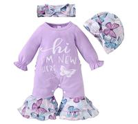 HEOXIN Conjuntos Ropa para Bebés Niña, Ropa Bebe con Hi I'm New Here Patrón, Ruffle Manga Larga Baby Bebé Recién Nacido Sombrero y Cinta para la Cabeza, Disfraz Bebe para 6-9 Meses, Morado