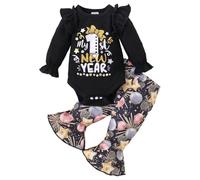 HEOXIN Conjuntos Ropa para Bebés Niña, Ropa Bebé con My 1st New Year Patrón, 1 Año Cumpleaños Body Bebe Recién Nacido Ruffle Manga Larga y Pantalones Acampanados, Disfraz Bebe para 9-12 Meses, Negro