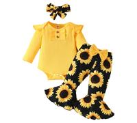 HEOXIN Conjuntos Ropa para Bebés Niña, Ruffle Manga Larga Ropa Bebé, Body Bebe Pantalones Acampanados con Lazo y Estampado de Girasoles Diadema, Disfraz Bebe para 3-6 Meses, Amarillo