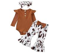 HEOXIN Conjuntos Ropa para Bebés Niña, Ruffle Manga Larga Ropa Bebé, Body Bebe Recién Nacido Pantalones Acampanados con Lazo Diadema Conjunto de Ropa, Disfraz Bebe para 0-3 Meses, Marrón