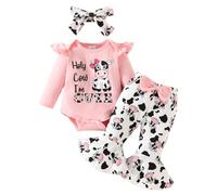 HEOXIN Conjuntos Ropa para Bebés Niña, Ruffle Manga Larga Ropa Bebé con Holy Cow I'M Cute, Pantalones Acampanados con Estampado de Vaca Lechera Diadema, Disfraz Bebe para 12-18 Meses, Rosa