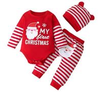 HEOXIN Conjuntos Ropa para Bebés Niña, Ruffle Manga Larga Ropa Bebé con My First Christmas, Día de Navidad Pelele de Rayas con Pantalones de Papá Noel y Gorro Disfraz Bebe para 6-12 Meses, Rojo