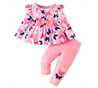 HEOXIN Conjuntos Ropa para Bebés Niña, Ruffle Manga Larga Ropa Bebé, Recién Nacido Camisa con Lazo Pantalones con Mariposa Conjunto de Ropa, Disfraz Bebe para 18-24 Meses, Rosa