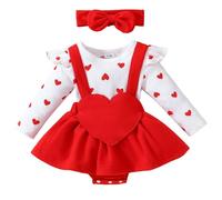 HEOXIN Conjuntos Ropa para Bebés Niña, Ruffle Manga Larga Ropa Bebé, Vestido con Estampado de Corazón y Diadema con Lazo Conjunto de Ropa, Disfraz Bebe para 12-18 Meses, Rojo