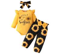 HEOXIN Conjuntos Ropa para Bebés Niña, Ruffle Manga Larga Ropa con You are My Sunshine Patrón, Pantalones con Lazo y Estampado de Girasoles Diadema, Disfraz Bebe para 6-9 Meses, Amarillo