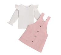 HEOXIN Niñas Bebé Falda de Pana Sin Mangas, Tops de Canalé + Falda de Pana 2PCS Set, Camiseta de Recién Nacido con Manga de Volantes, Falda con Bolsillos y Botones para 12 Meses- 18 Meses, Rosa