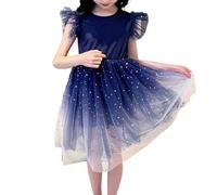 HEOXIN Niñas de Verano de Estrellas Gradiente de Malla Vestido de Tul, Manga con Volantes A-Line Princesa Puffy Vestidos, Cuello Redondo Swing Vestido Holiay Fiesta para 4-5 Años, Azul
