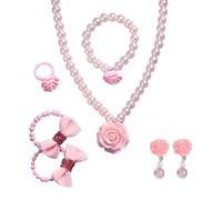 HEOXIN Niñas Rosa Joyería Conjuntos, Collar Pendiente Pulsera Anillo Flor Perla Elástico Cordón Campana Ajustable, Juego Joyas Niños Pequeños Princesa Vestir Fiesta Cumpleaños Regalo, Rosa
