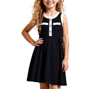 HEOXIN Niñas sin Mangas Vestido de Una Línea, Botones de Verano Vestidos de Princesa, Cuello Redondo Vestido de Swing Holiay Fiesta de Cumpleaños para Niños de Tiro 10-11 Años, Negro