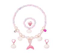HEOXIN niñas sirena conjuntos joyería, collar pendiente pulsera anillo conjunto, Océano Fishtail Perla Shell elástico cordón ajustable campana, conjunto joyas pequeños niña princesa vestir, rosa