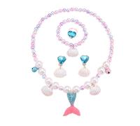 HEOXIN niñas sirena conjuntos joyería, collar pendiente pulsera anillo conjunto, Océano Fishtail Perla Shell elástico cordón ajustable campana, conjunto joyas pequeños niña princesa vestir, azul