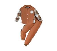 HEOXIN Niños Conjuntos de Ropa a Cuadros, Sudadera + Pantalones 2PCS Set, Tops de Manga Larga con Botones y Bolsillo, Cordón Pantalones Conjunto de Chándal para 11 a 12 Años, Marrón