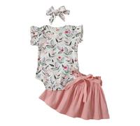HEOXIN Ropa Bebe Niña mameluco Sin Mangas Con Volantes y Estampado Floral + Color Sólido Falda Corta + Diadema + Cinturón, Conjunto Bebé Recien Nacido Niña Verano, Rosa, 3-6 Meses