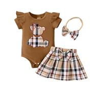 HEOXIN Ropa Bebé Recién Nacido, Conjunto de Body con Volantes y Mangas Cortas con Estampado de Ositos + Falda a Cuadros + Diadema, Conjunto Para Bebe Menina Para El Verano, Marrón 0-18 Meses