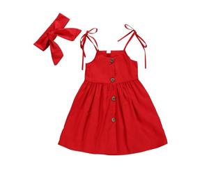 HEOXIN Vestido con Botones para Niñas Recién Nacidas, Vestido de Princesa sin Mangas con Tirantes Ajustables y Diadema con Lazo para Sesiones Fotográficas y Cumpleaños, de 6 a 7 Años, Rojo