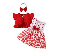 HEOXIN Vestido de bebé niña, Volantes, sin Mangas, Estampado corazón, Cuello Redondo, con Nudo Lazo, para Vestir, Ropa roja, 9-12 Meses