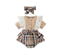 HEOXIN Vestido de niña de bebé, encaje volantes, manga corta, botón a presión, patrón a cuadros, cuello redondo, nudo lazo, diadema pelele, conjunto ropa, ropa color, Caquí 9-12 Meses