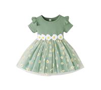 HEOXIN Vestido niña bebé, Volantes Manga Corta Flores Margaritas Patrón Acanalado Cuello Redondo Malla Dobladillo Bebé Clothes, Ropa Niña, Verde, 6-9 Meses