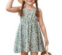 HEOXIN Vestido para Niña con Tirantes, Botones Vintage y Estampado de Margaritas, Vestidos Florales Informales Verano Otoño Niña, para Vacaciones y Fiestas, Verde, 7 Años