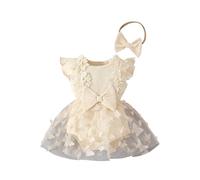 HEOXIN Vestido Pelele para Bebé Niña, Vestido de Tulcon Volantes Sin Mangas y Bordado 3d de Mariposas + Conjunto con Diademacon Lazo, Bebés Recién Nacidas para Verano Otoño, Beige 0-3 Meses
