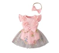 HEOXIN Vestido Pelele para Bebé Niña, Vestido de Tulcon Volantes Sin Mangas y Bordado Flores + Conjunto con Diademacon Lazo, Bebés Recién Nacidas para Verano Otoño, Rosa 3-6 Meses