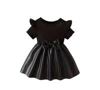 HEOXIN Vestidos de Bebés para Niñas Verano, con Mangas Volantes y Bowknot Concurso, Fiesta Patchwork Piel Sintética, para Recién Nacidos, con Cuello Redondo, para Bebé 2 a 3 Años, Negro