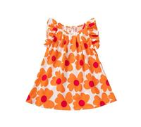 HEOXIN Vestidos para Niña, Vestido Sin Mangas con Cuello Redondo y Volantes con Estampado Floral, Vestido Verano Otoño Niña y Estampado Floral para Niñas PequeñAs, Naranja, 6-7 Años