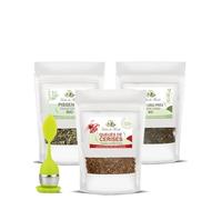 Herbes du Monde - Cura Eliminación y Adelgazamiento con Infusor - Infusión Drenante y Adelgazante - Tallos de Cereza, Reina de los Prados BIO y Diente de León BIO - 3 sobres y 1 infusor